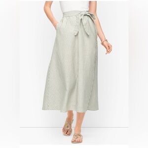 Talbots Green & White Stripe Midi Skirt with Tie Belt